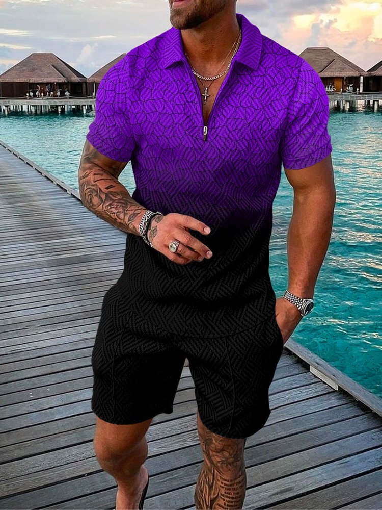Vacation Purple Faded Polo Shirt And Shorts Co-Ord