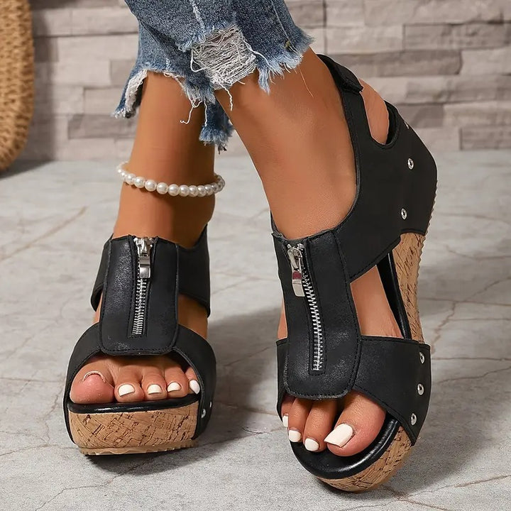 Jolanta | Retro Wedge Sandals with Zipper Closure