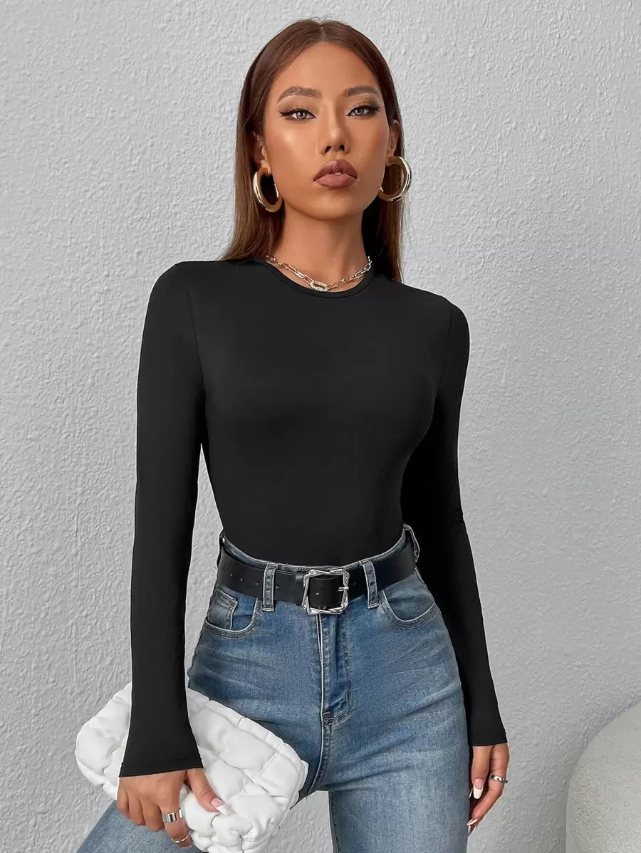 PETITE | Crew Neck Long Sleeve Fitted Bodysuit