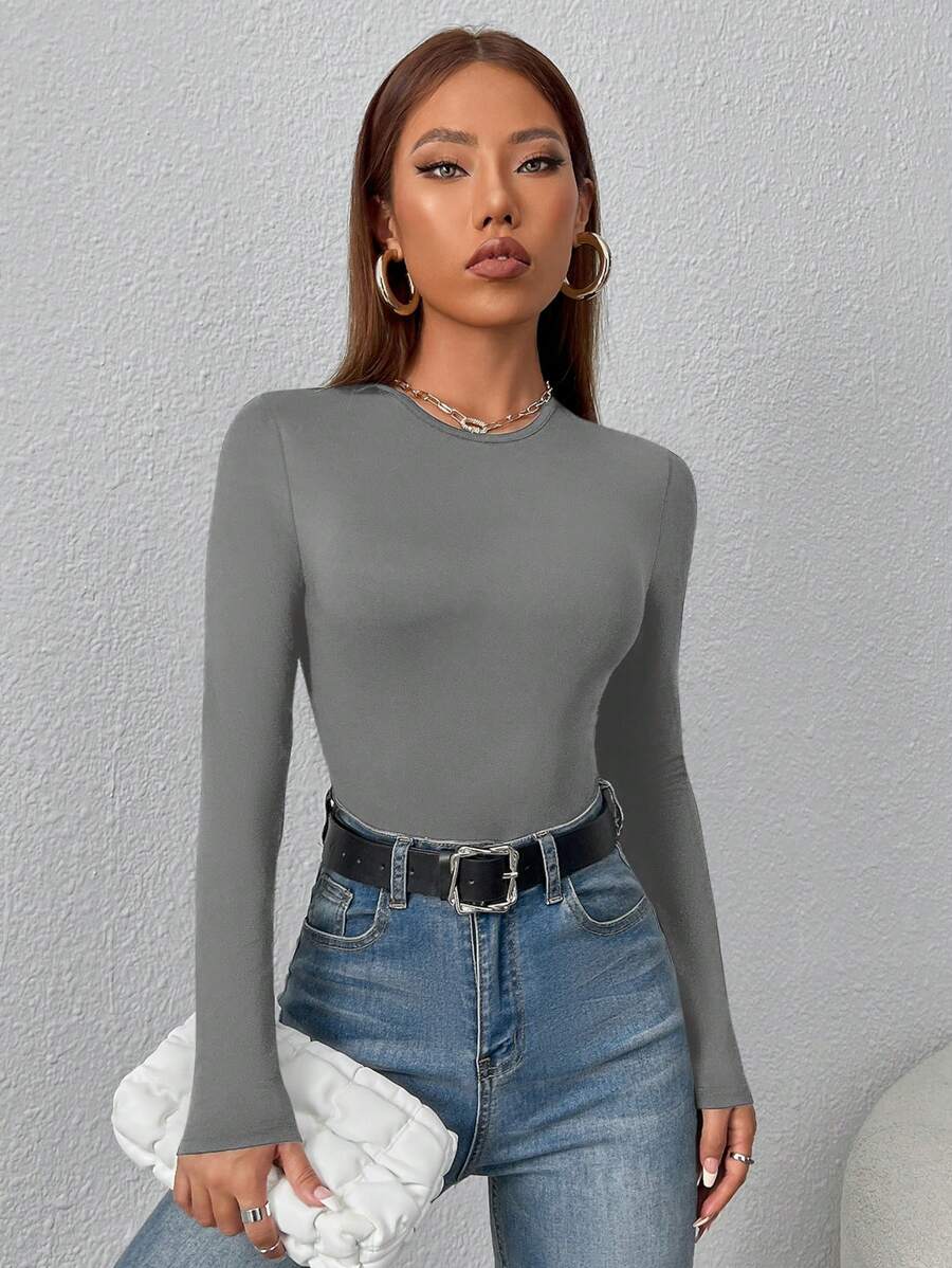 PETITE | Crew Neck Long Sleeve Fitted Bodysuit
