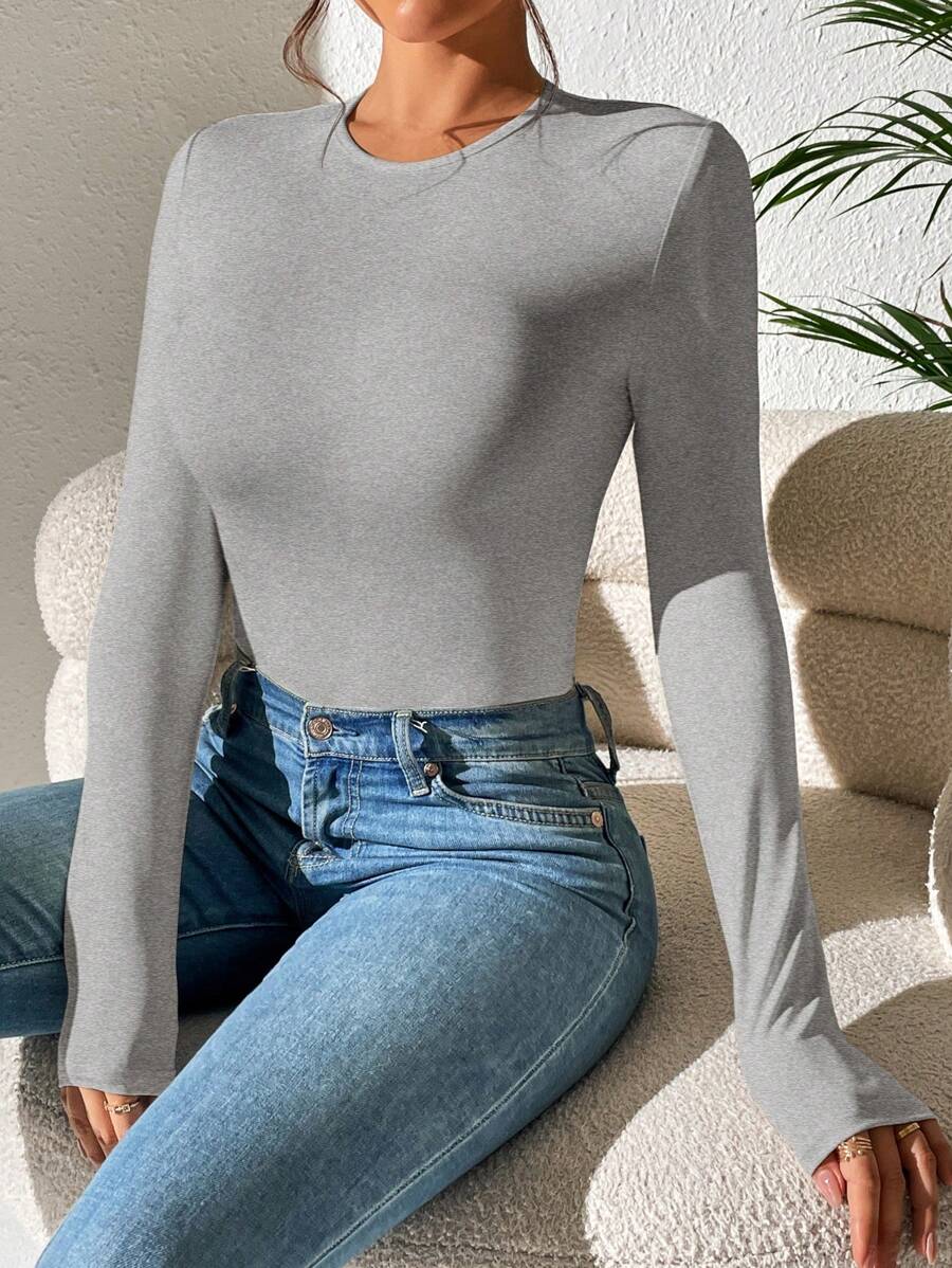 PETITE | Crew Neck Long Sleeve Fitted Bodysuit