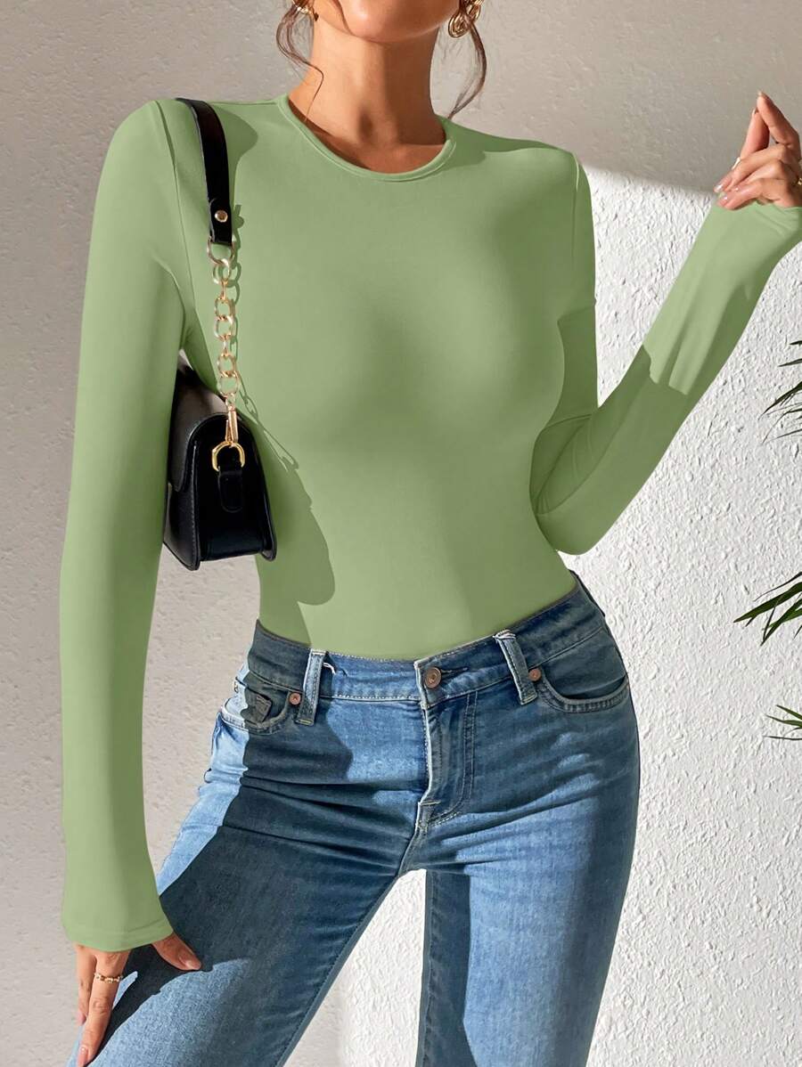 PETITE | Crew Neck Long Sleeve Fitted Bodysuit