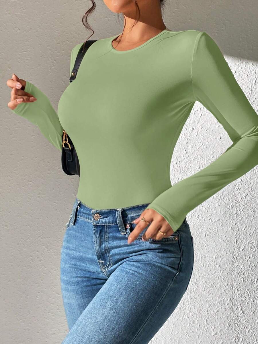 PETITE | Crew Neck Long Sleeve Fitted Bodysuit