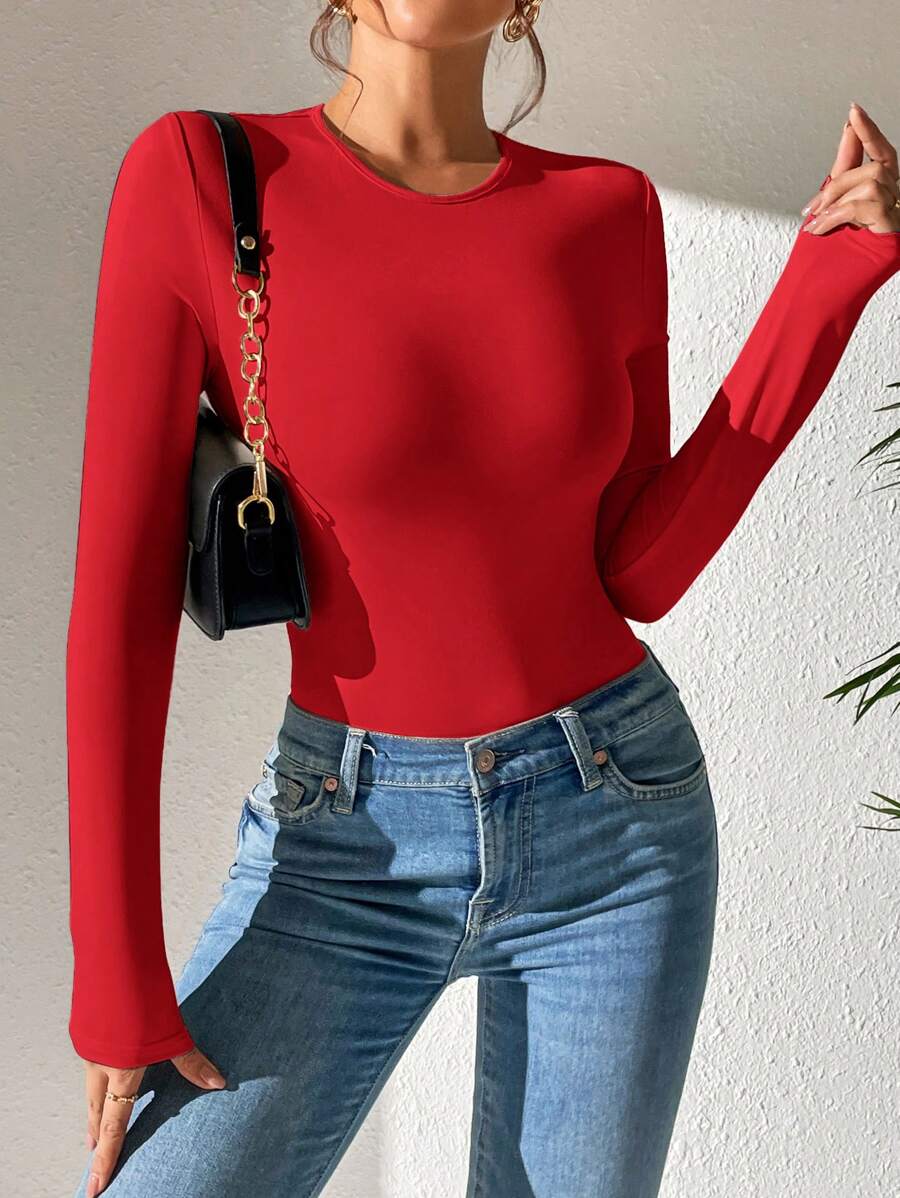 PETITE | Crew Neck Long Sleeve Fitted Bodysuit