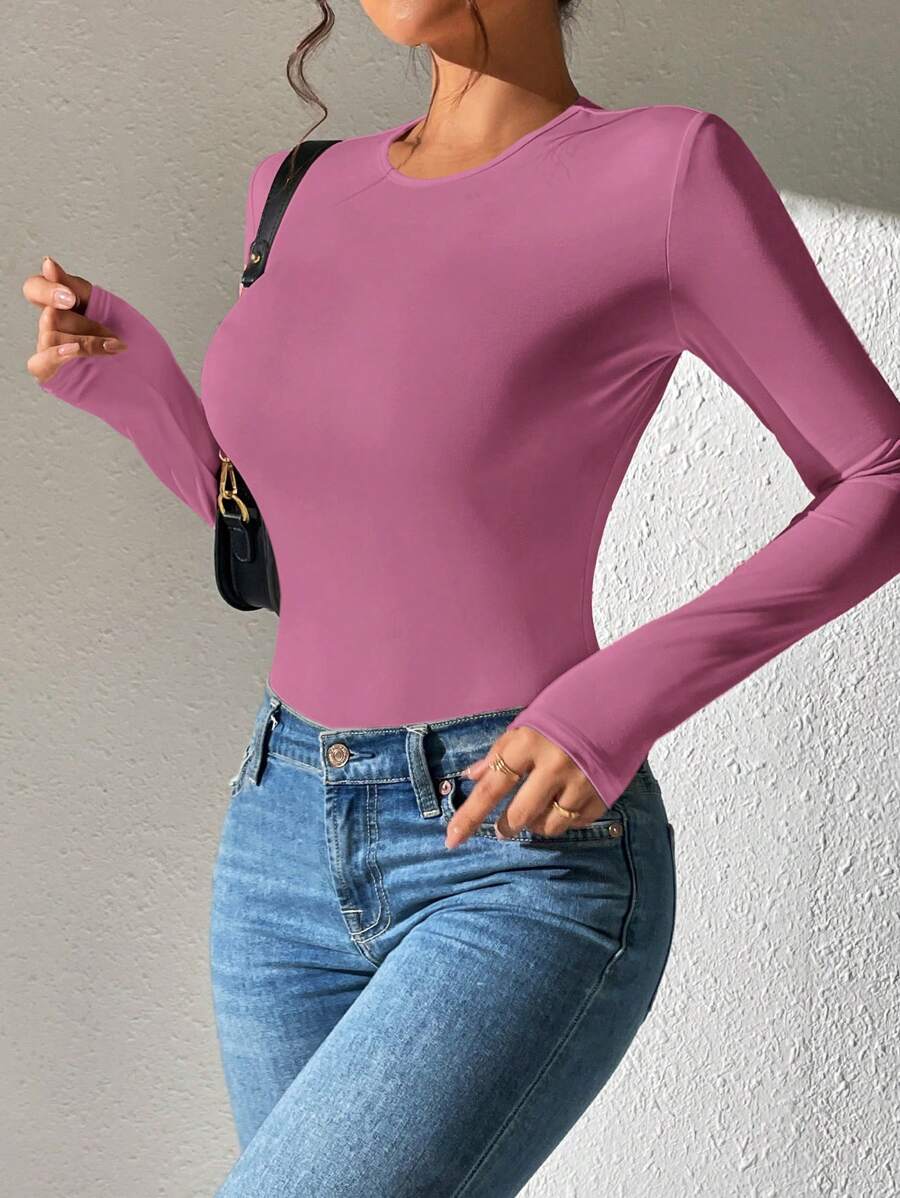 PETITE | Crew Neck Long Sleeve Fitted Bodysuit