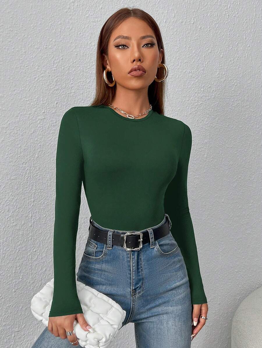PETITE | Crew Neck Long Sleeve Fitted Bodysuit