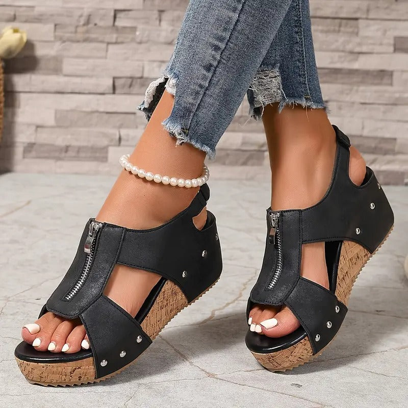 Jolanta | Retro Wedge Sandals with Zipper Closure