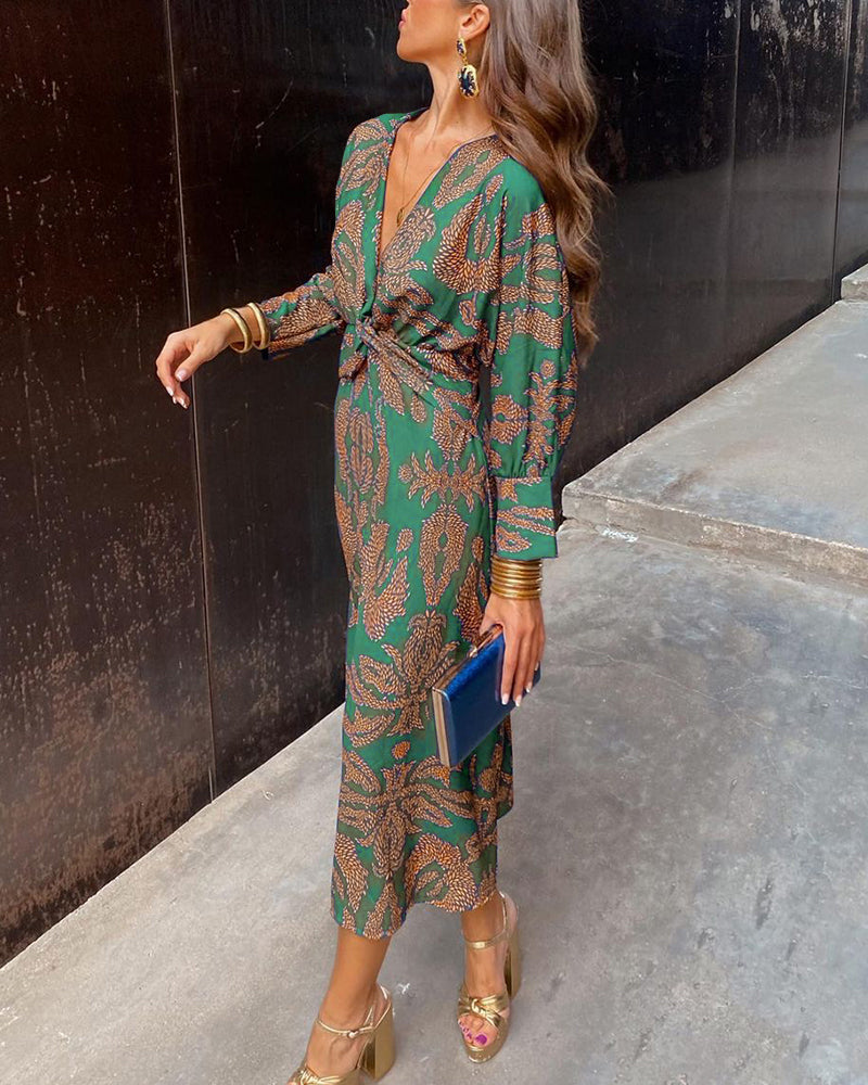 Janella | Vintage Draped Midi Dress with Long Sleeves