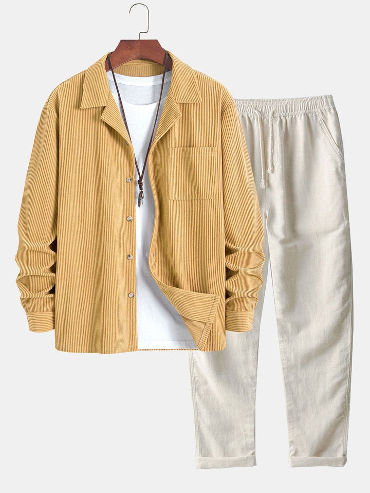 Long Sleeve Corduroy Cuban Collar Shirt & Straight Leg Linen Pants