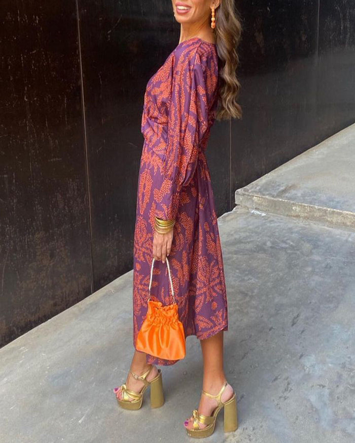 Janella | Vintage Draped Midi Dress with Long Sleeves