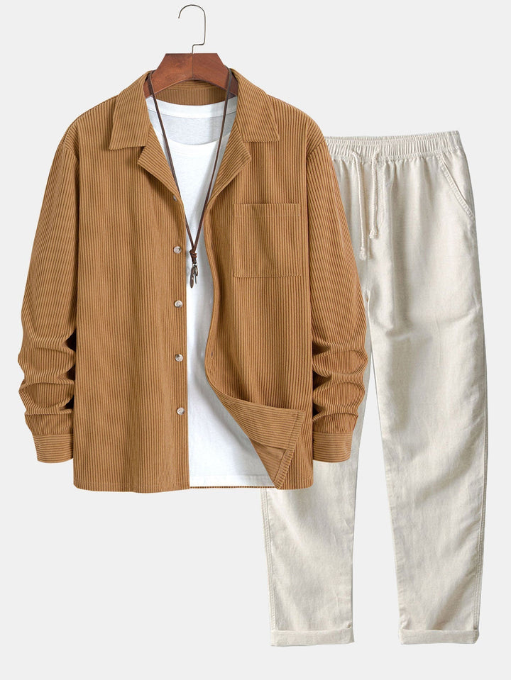 Long Sleeve Corduroy Cuban Collar Shirt & Straight Leg Linen Pants