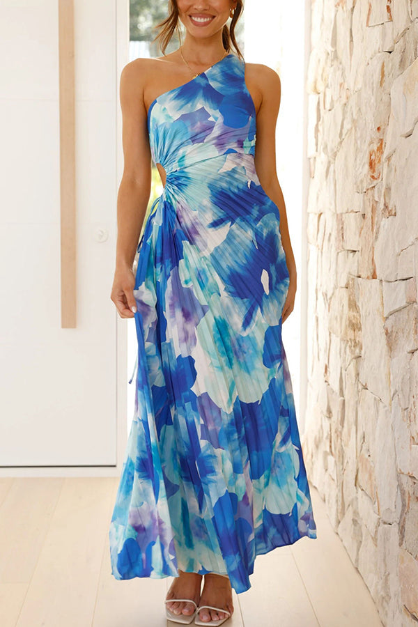 Deja - Floral Pattern Maxi Dress with One-Shoulder Pleating