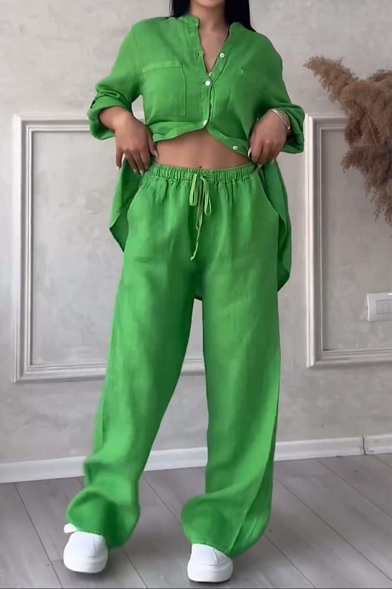 Lena | Ensemble deux pièces pantalon uni en coton et lin