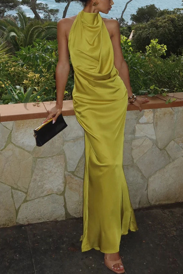 Tramonto | Elegant Satin Dress with Draped Neck and Backless Design