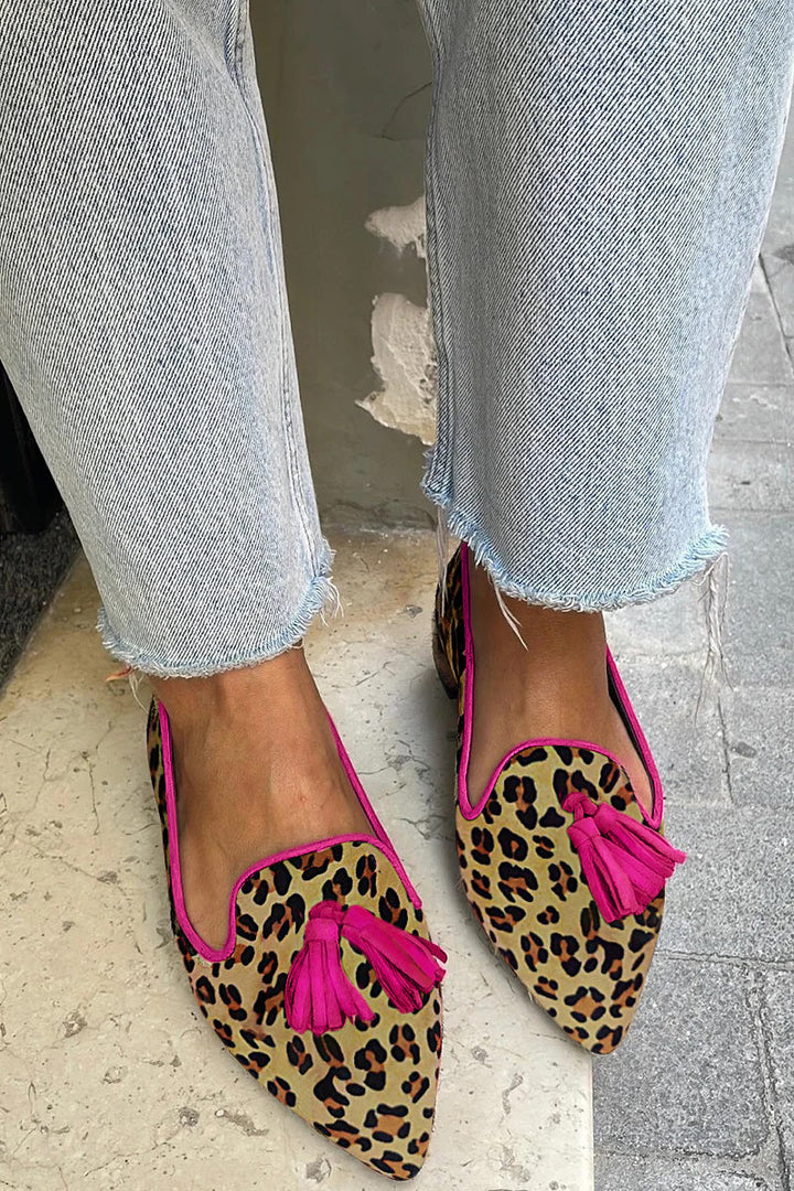 Leophella | Flat Shoes with Fringe in Leopard Print Made of Soft Suede