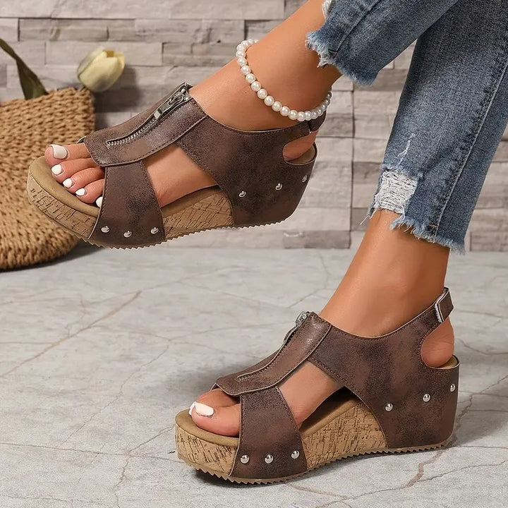 Jolanta | Retro Wedge Sandals with Zipper Closure