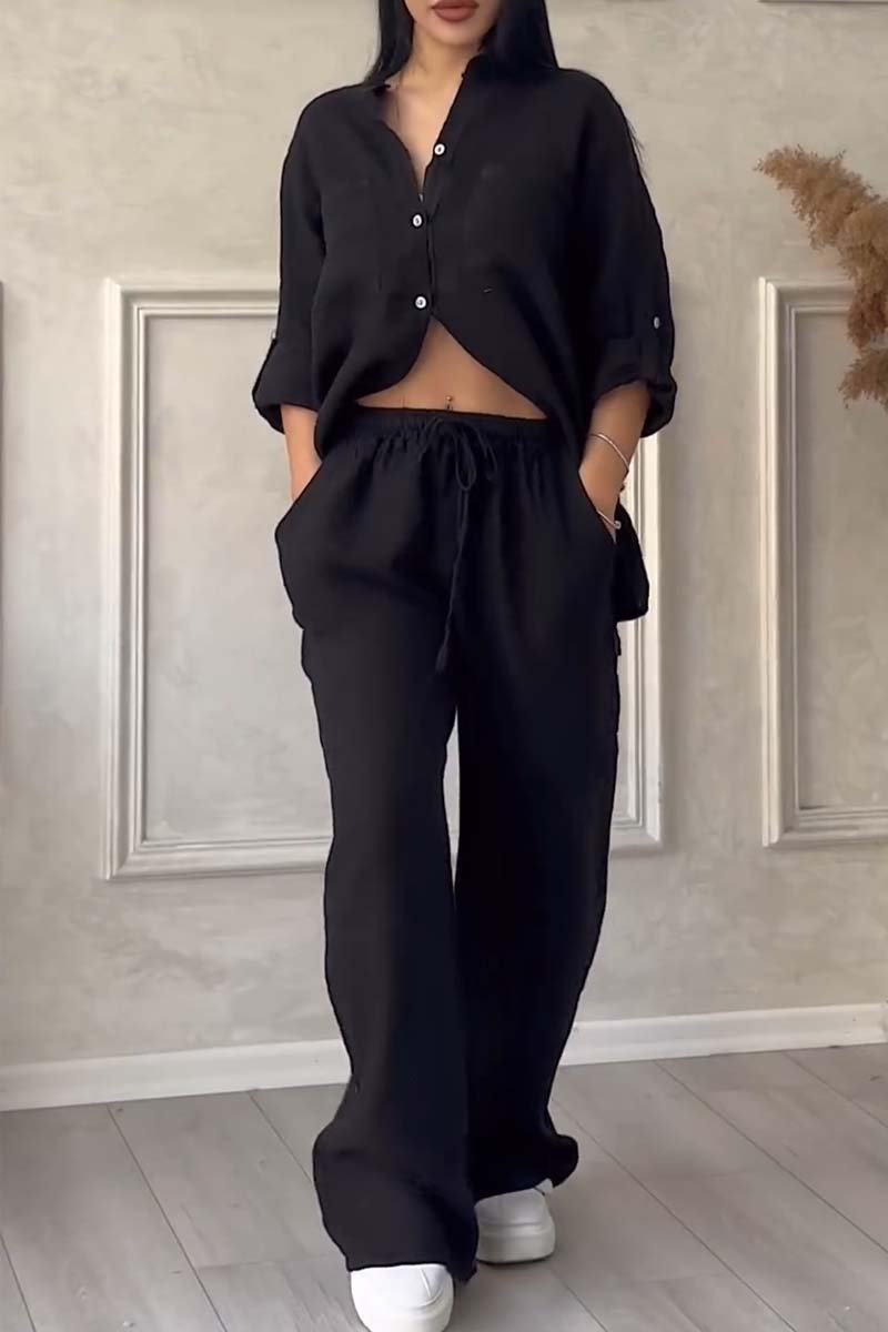 Lena | Ensemble deux pièces pantalon uni en coton et lin