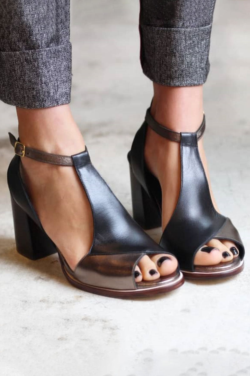 Selena | Black Patchwork Peep Toe Block Heel Sandals