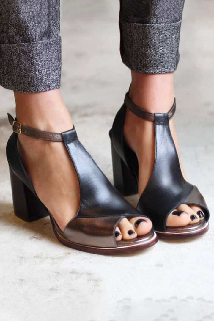 Selena | Black Patchwork Peep Toe Block Heel Sandals