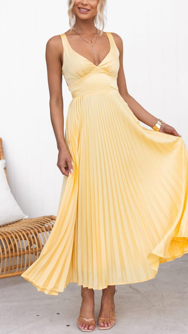 Aby | Yellow Pleated Maxi Dress with V-neck