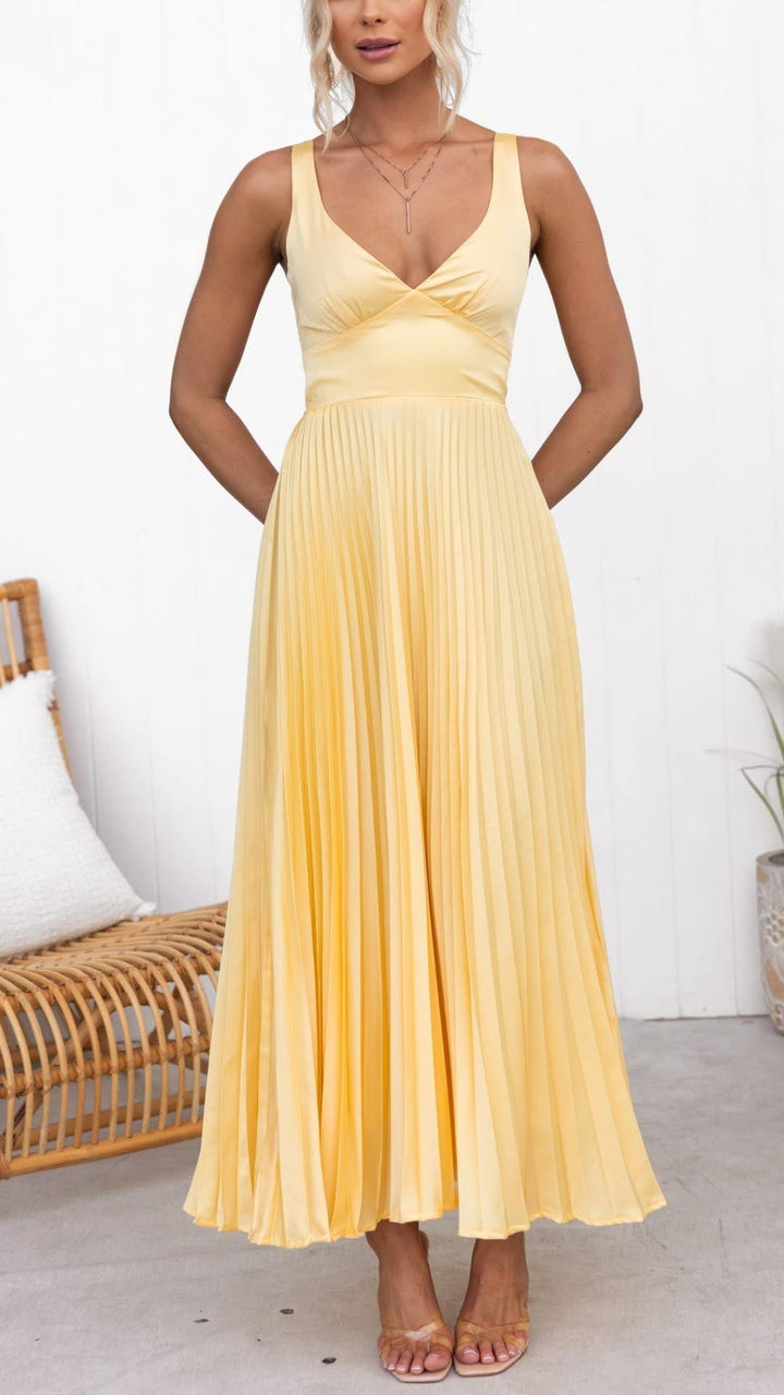 Aby | Yellow Pleated Maxi Dress with V-neck