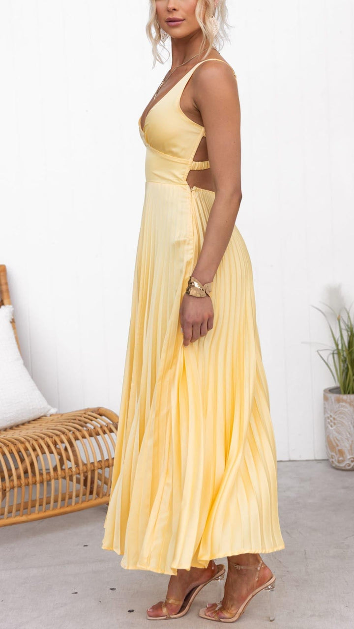 Aby | Yellow Pleated Maxi Dress with V-neck