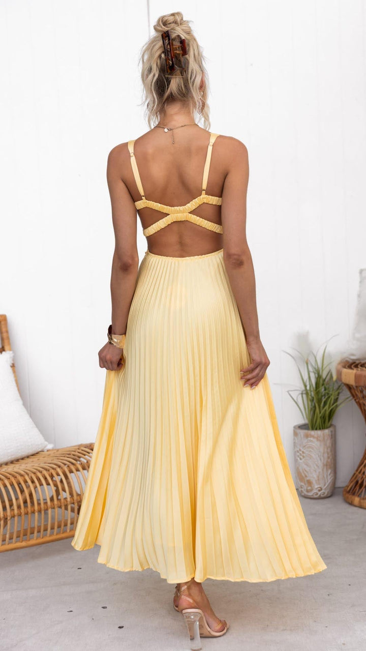 Aby | Yellow Pleated Maxi Dress with V-neck
