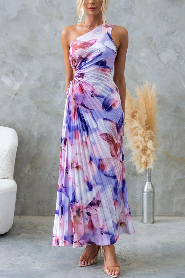 Deja - Floral Pattern Maxi Dress with One-Shoulder Pleating