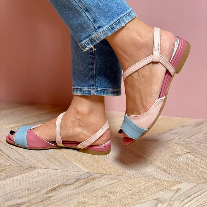 Ravelia | Asymmetrical Pink Sandals in Color Block Style