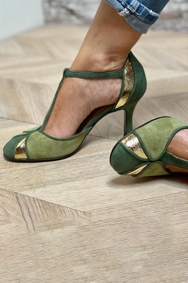 Corinna | Patchwork T-Strap Heels with Closed Toe