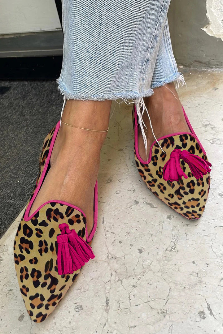 Leophella | Flat Shoes with Fringe in Leopard Print Made of Soft Suede