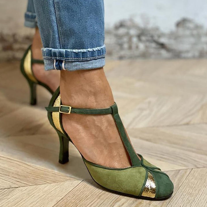 Corinna | Patchwork T-Strap Heels with Closed Toe