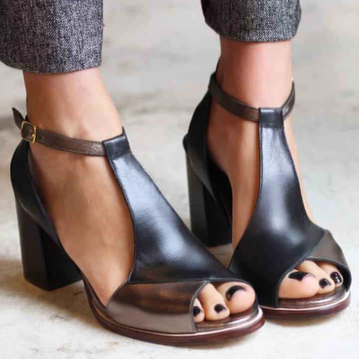 Selena | Black Patchwork Peep Toe Block Heel Sandals