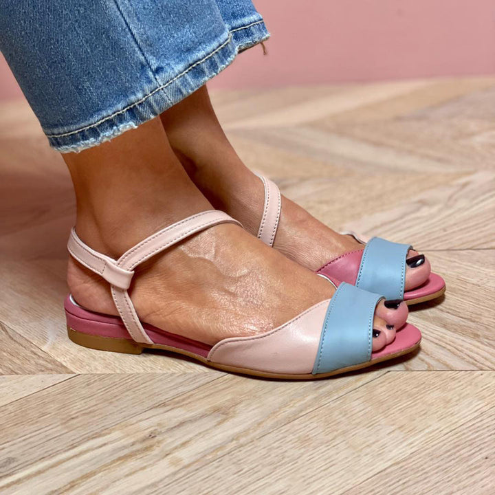 Ravelia | Asymmetrical Pink Sandals in Color Block Style