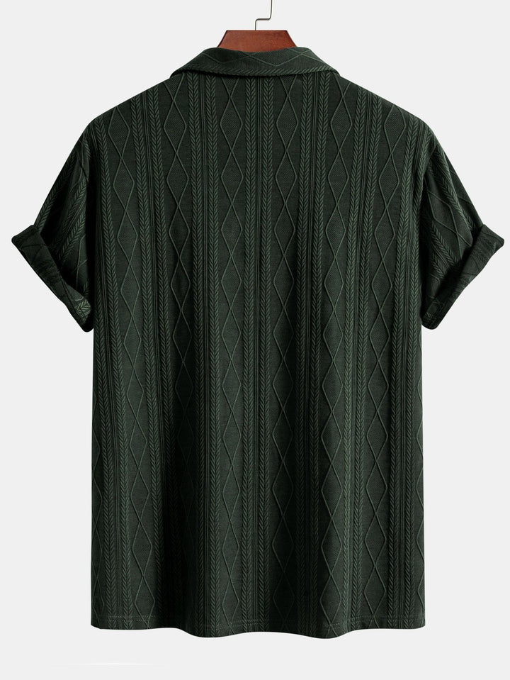 Knitted Geometric Rhombus Jacquard Cuban Shirt & Straight Leg Linen Pants