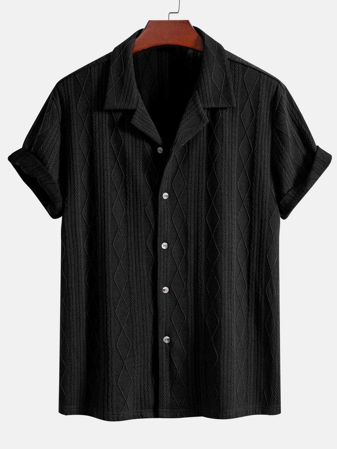 Knitted Geometric Rhombus Jacquard Cuban Shirt & Straight Leg Linen Pants